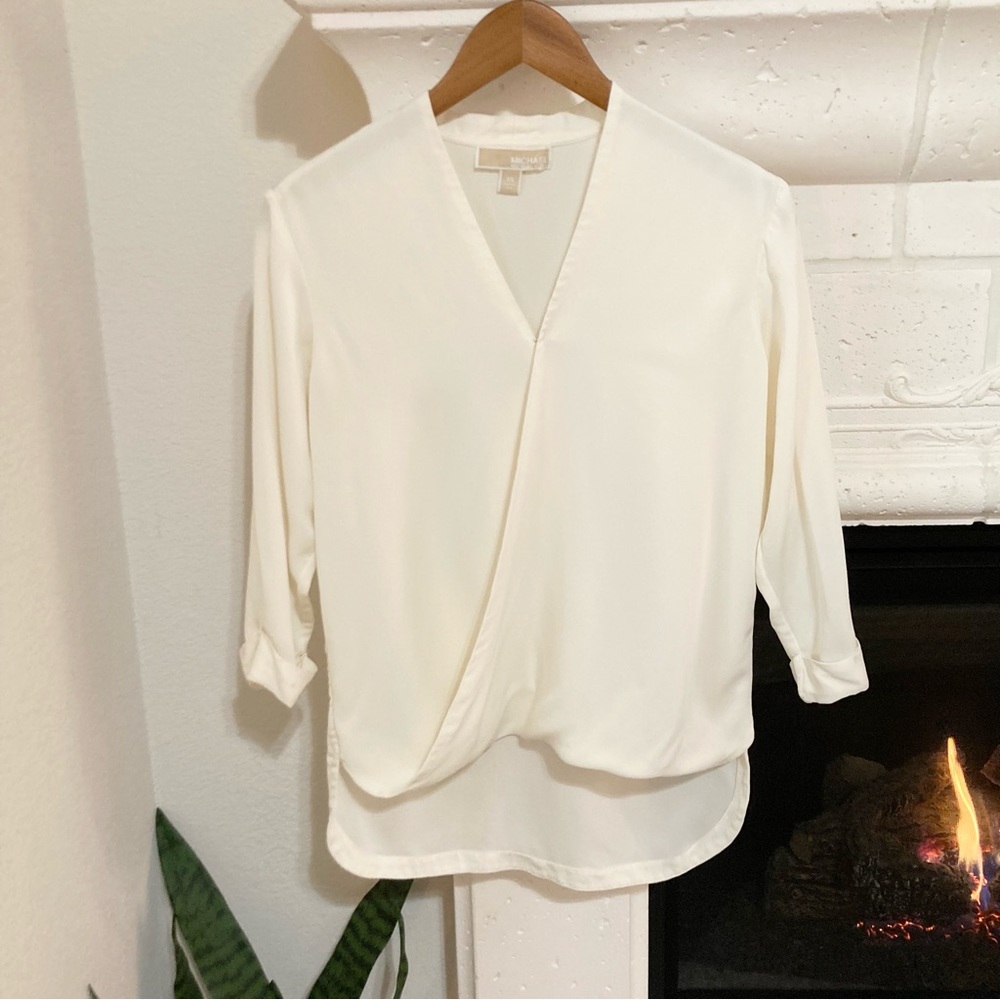 Michael Kors Silk Wrap Blouse Off White High Low Size XS Extra Small